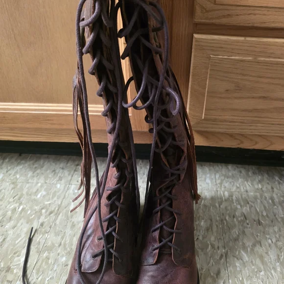 Red and Brown Lace Up Boots with Distressed Leather - Picture 7 of 8